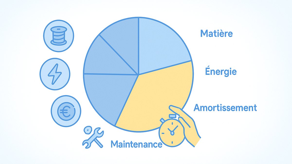 Répartition des coûts d’une pièce imprimée en 3D : matière, énergie, amortissement, main-d’œuvre, finition.