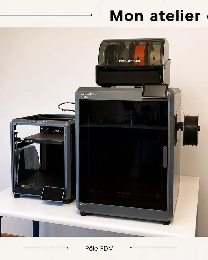 Pôle FDM de l'atelier ImprimeZen3D avec imprimantes 3D pour prototypes et pièces fonctionnelles