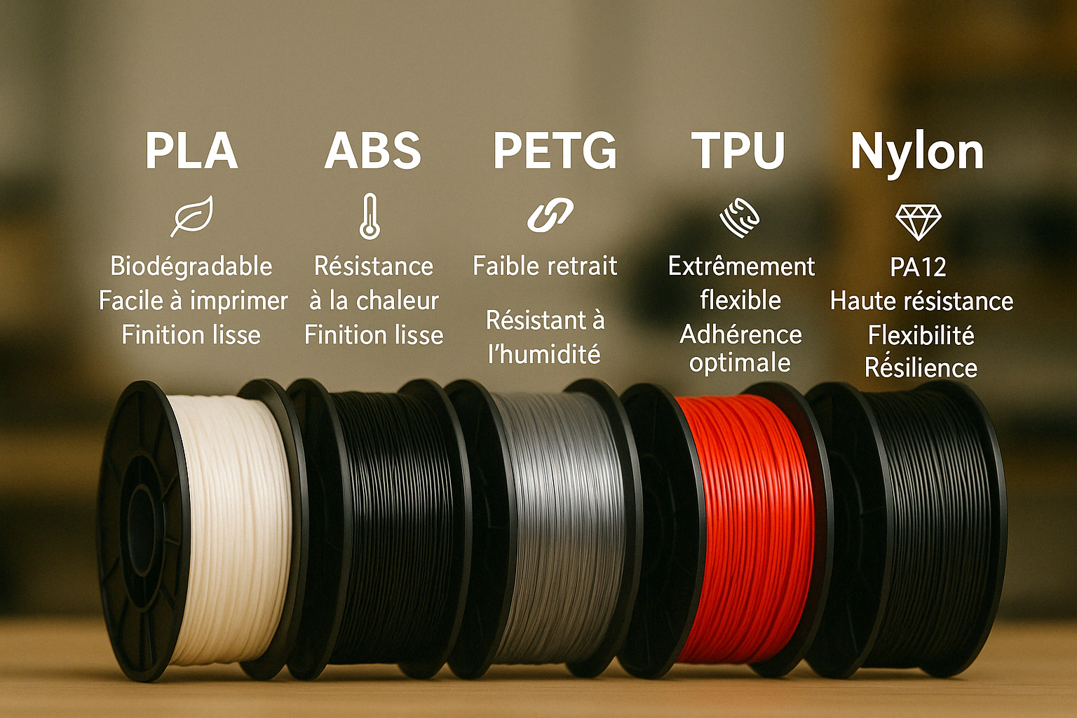 Comparaison visuelle des principaux filaments pour impression 3D : PLA, ABS, PETG, Nylon et TPU