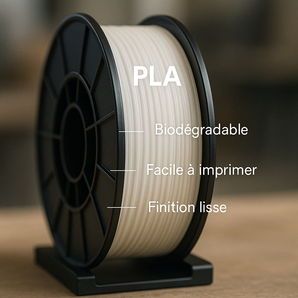 Bobine de filament PLA et exemples d'impressions réussies