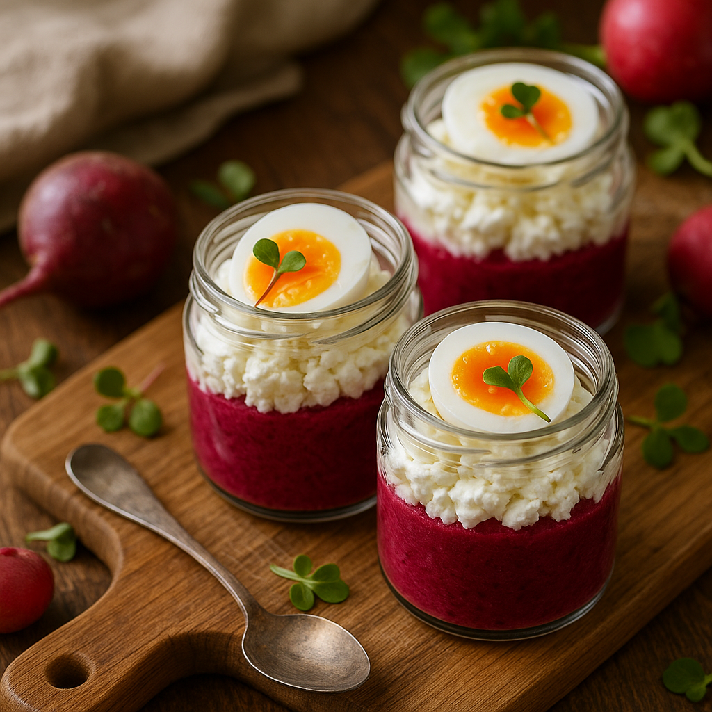 Verrine betterave, chèvre frais & œuf